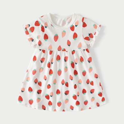 Little Maven Girls Strawberry Print Cotton Short Sleeve Dress