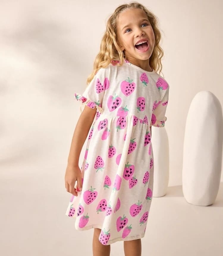 Little Maven Girls Strawberry Print Cotton Short Sleeve Dress