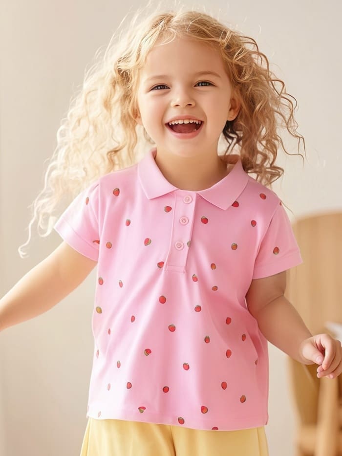 Little Maven Girls Strawberry Print Cotton Short Sleeve Polo Shirt