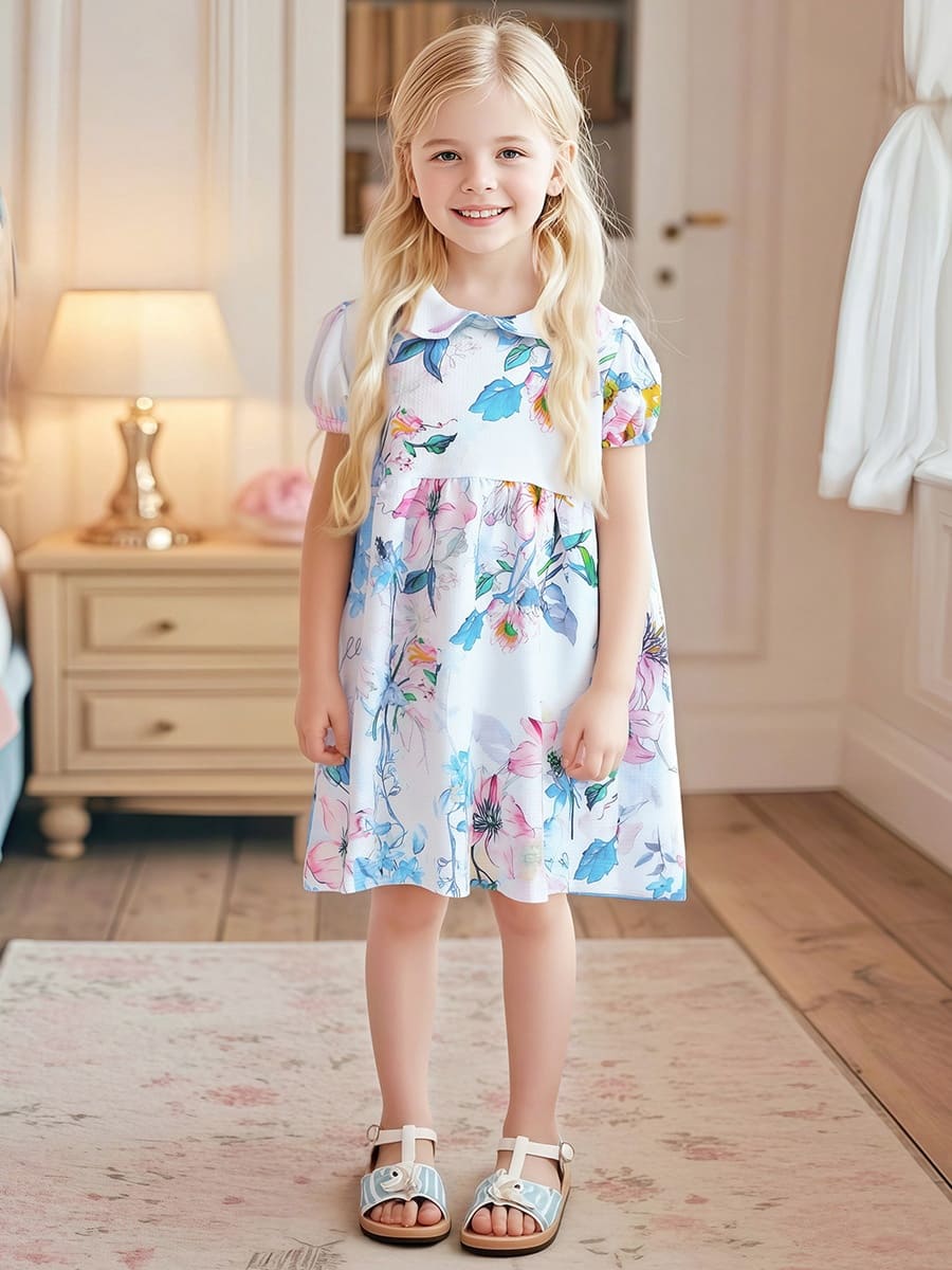 Little Maven Kid Girls Summer Floral Print Short Sleeve Dress