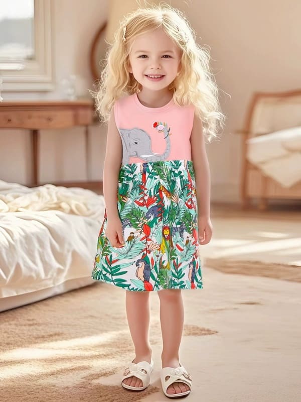 Little Maven organic cotton tropical dress with elephant embroidery