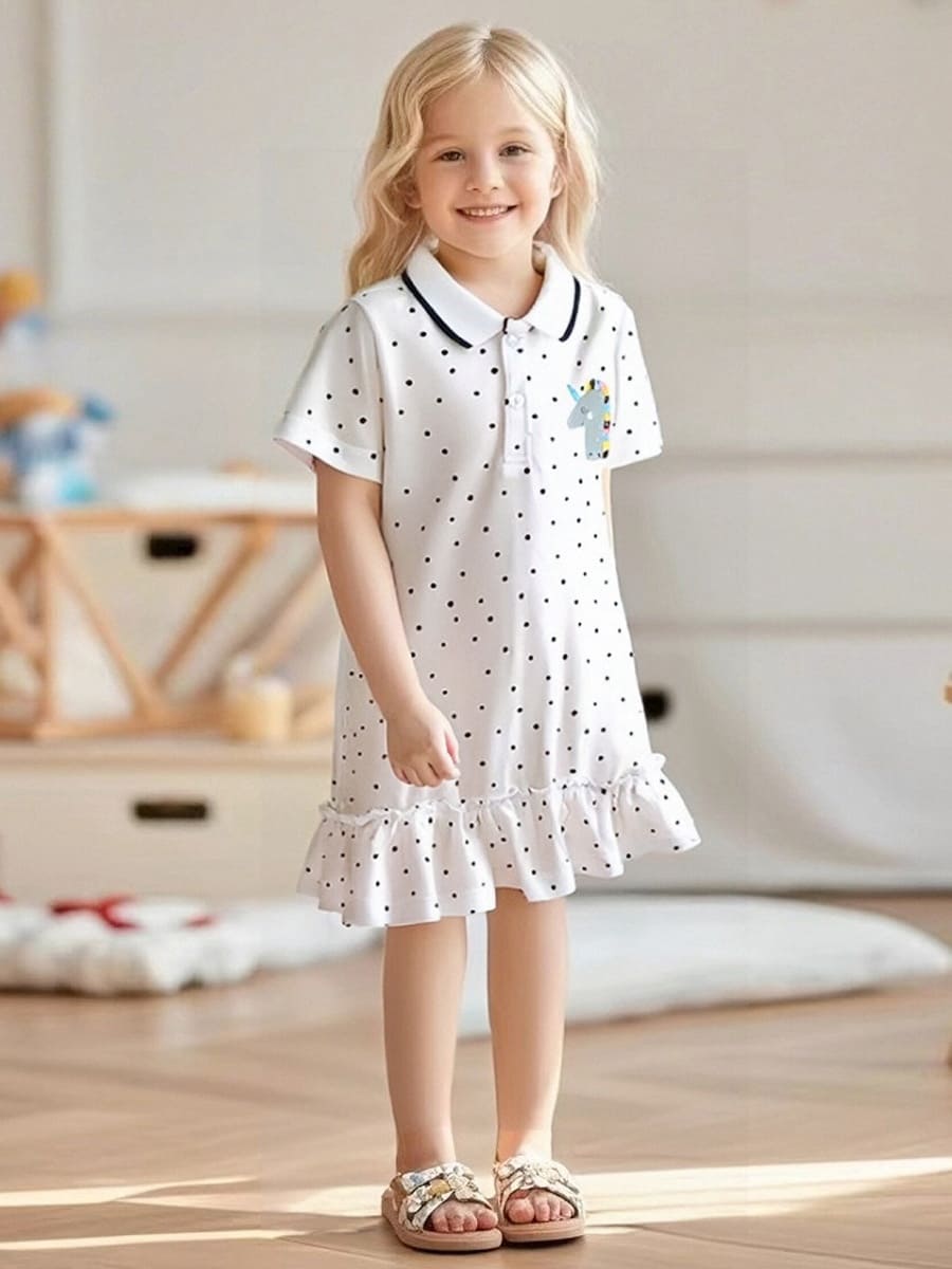 Little Maven Kid Girls Unicorn Embroidered Polka Dot Cotton Lapel Dress