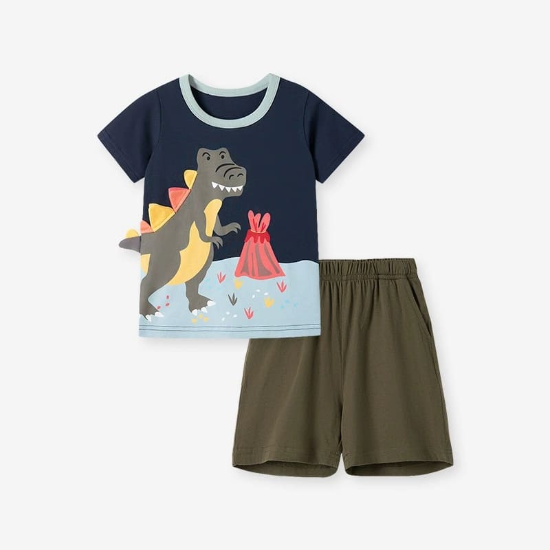 Kid Boys 2pcs 3D Dinosaur Print Colorblock Cotton Tee and Shorts Set