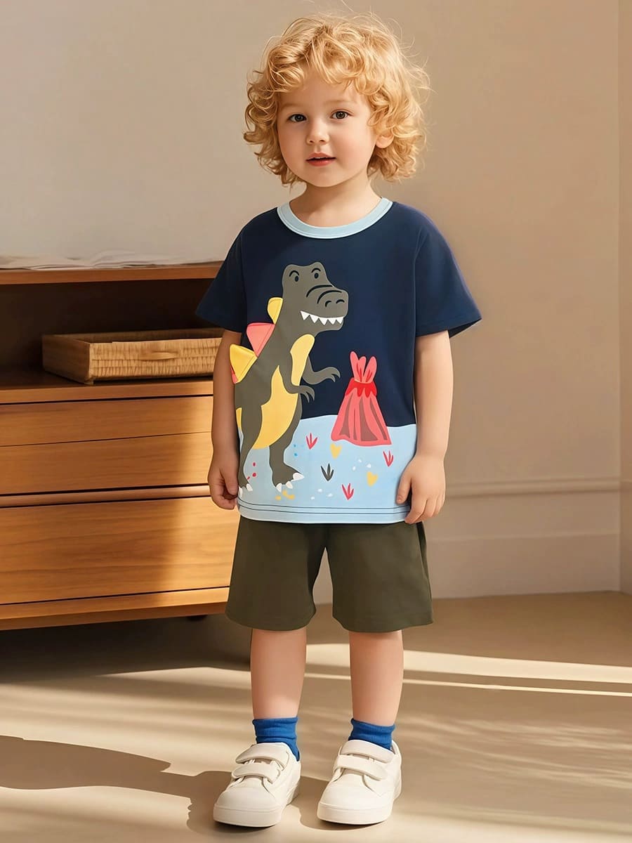 Kid Boys 2pcs 3D Dinosaur Print Colorblock Cotton Tee and Shorts Set