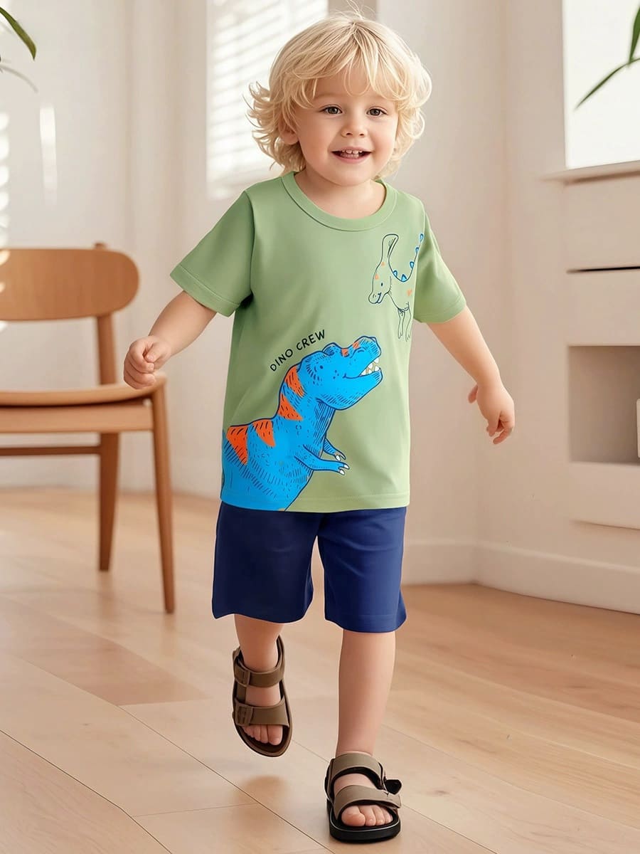 Kid Boys 2pcs Dinosaur Print Cotton T-Shirt and Shorts Set