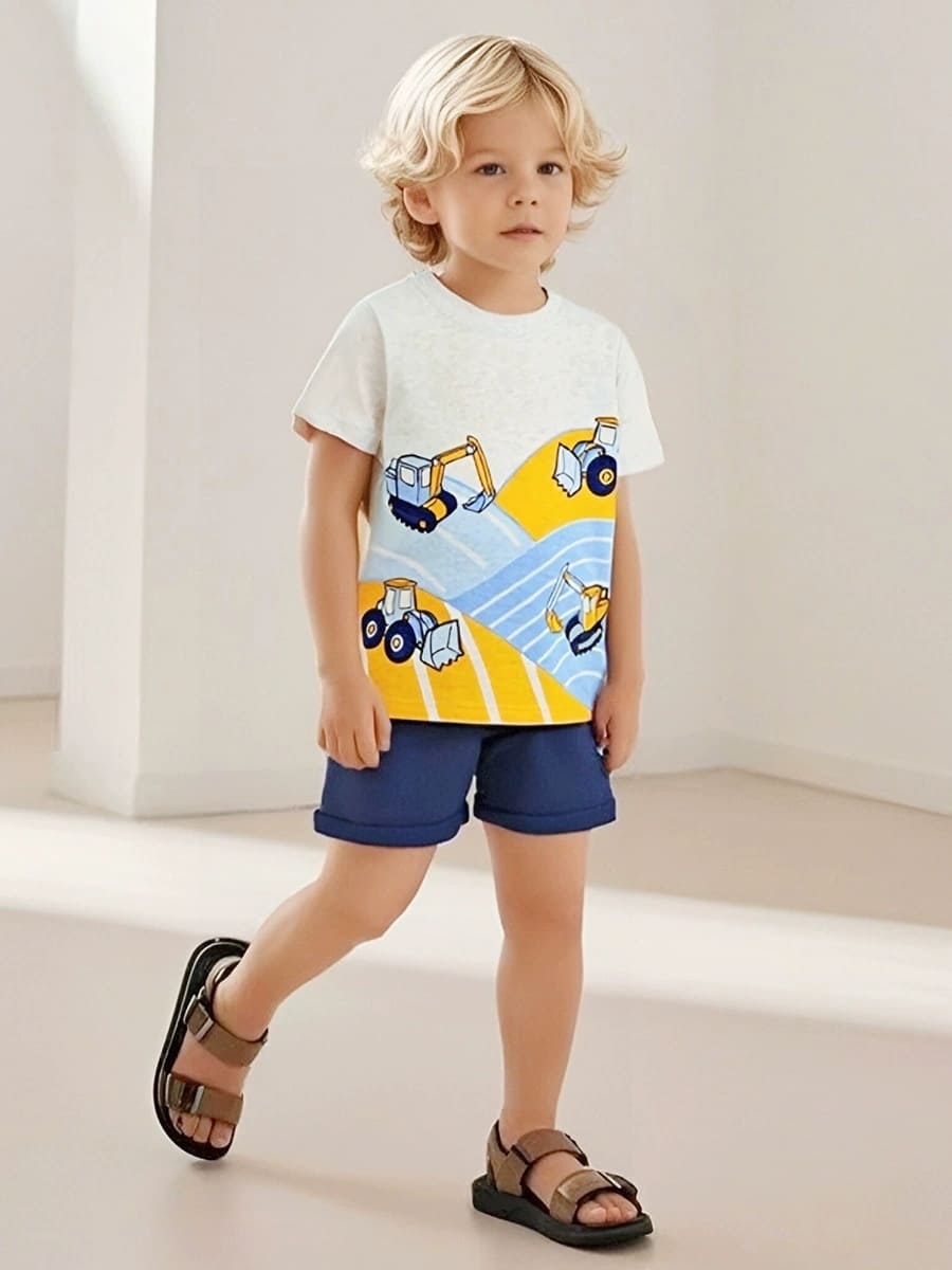 Kid Boys Cartoon Engineering Truck Printed Cotton Tee and Shorts Set