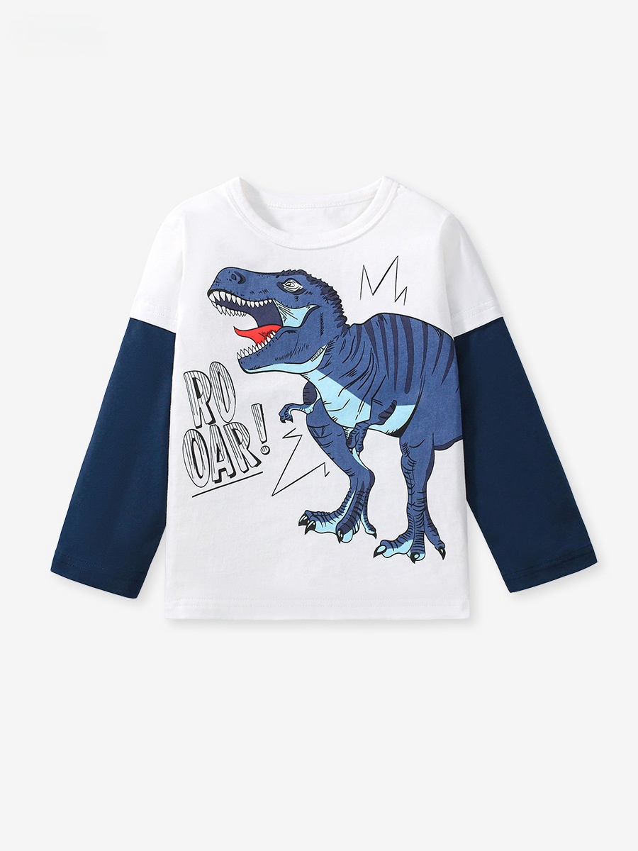 Kid Boys Dinosaur Print Colorblock Cotton Long Sleeve Tee