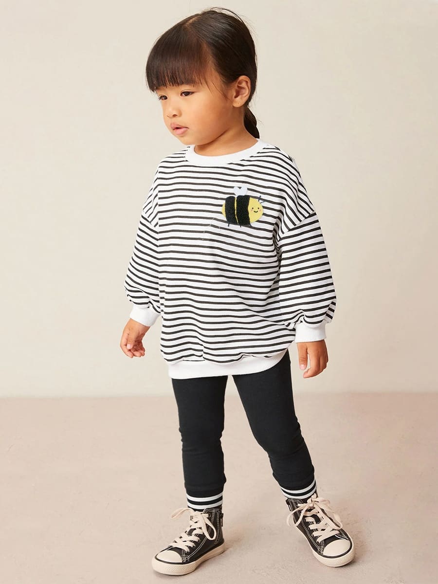 Kid Girls 2pcs Bee Embroidered Cotton Striped Sweatshirt and Pants Set