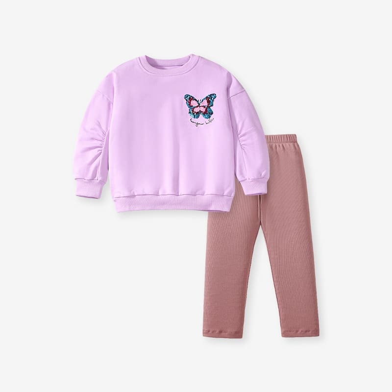 Kid Girls 2pcs Butterfly Embroidered Cotton Sweatshirt and Pants Set