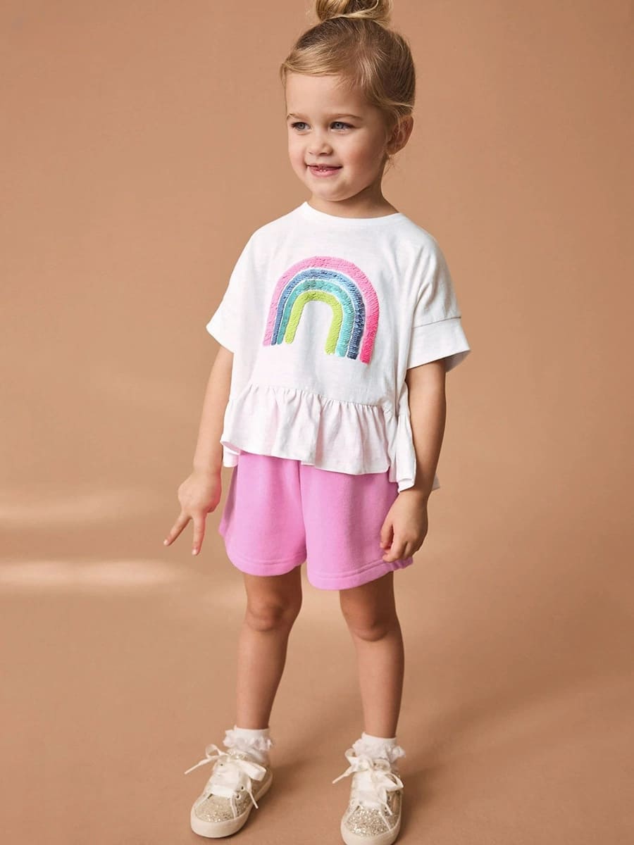 Kid Girls 2pcs Rainbow Sequin Cotton Short Sleeve Tee and Shorts Set