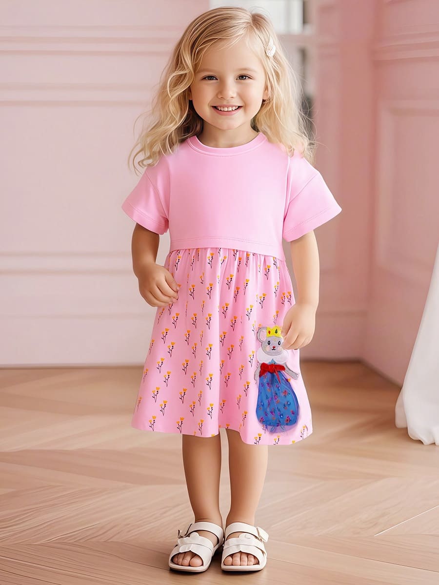 Little Maven Kid Girls Cotton Floral Print Dress with Rat King Embroidery