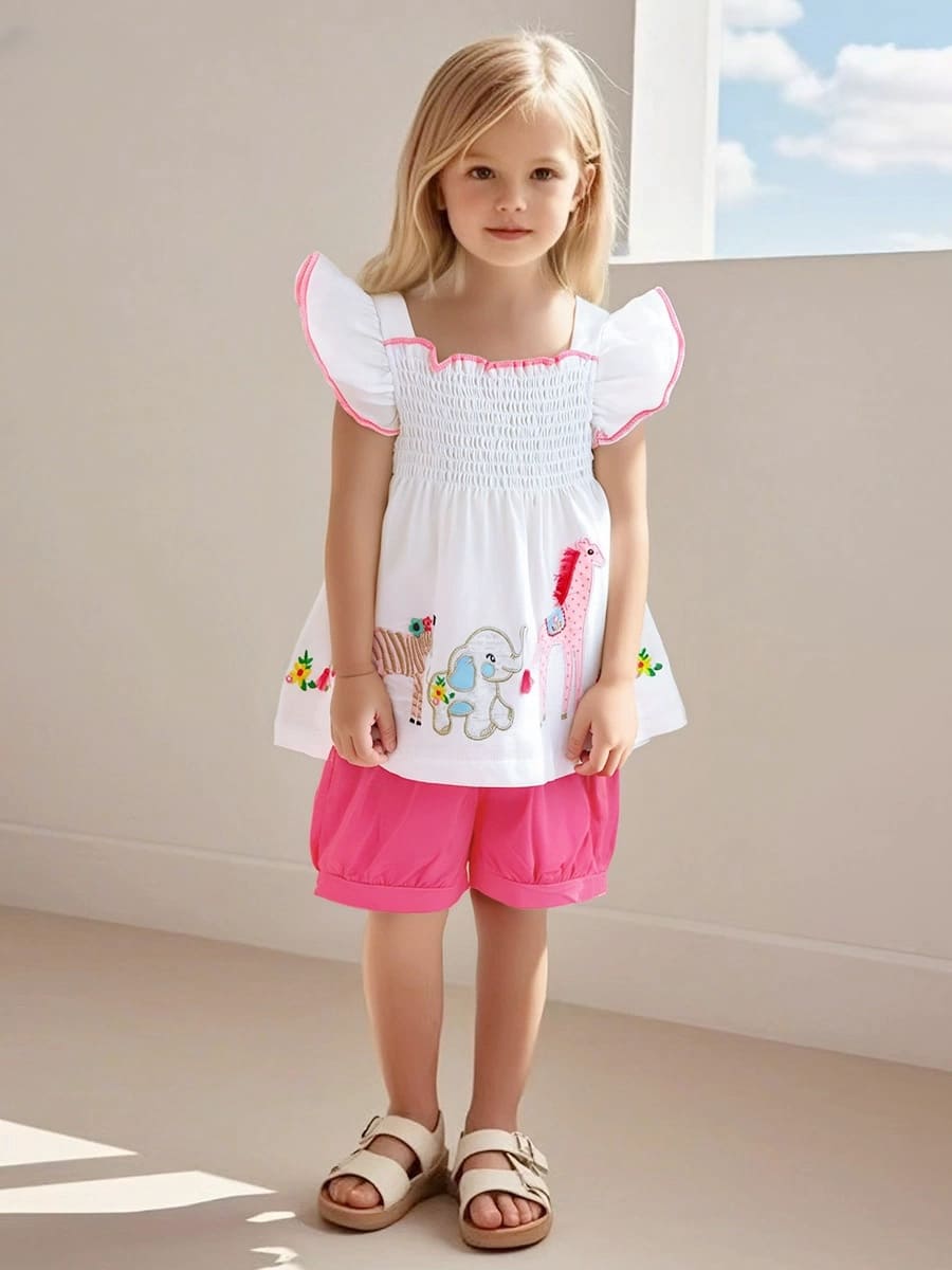 Kid Girls Cotton Ruffle Sleeve Vest Set with Cartoon Animal Embroidery