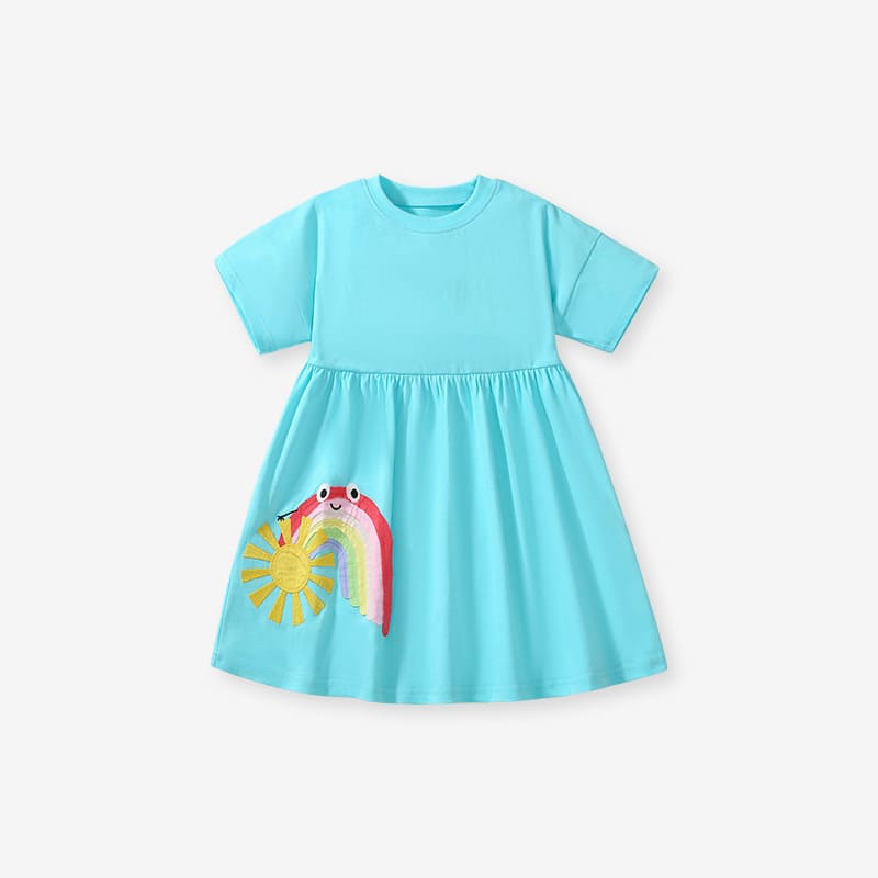 Kid Girls Cotton Short Sleeve Dress with Cute Rainbow Embroidery
