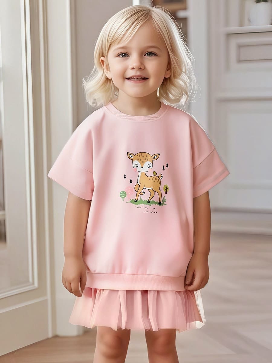 Little Maven Kid Girls Cute Deer Print Cotton Mesh Sweatshirt Dress
