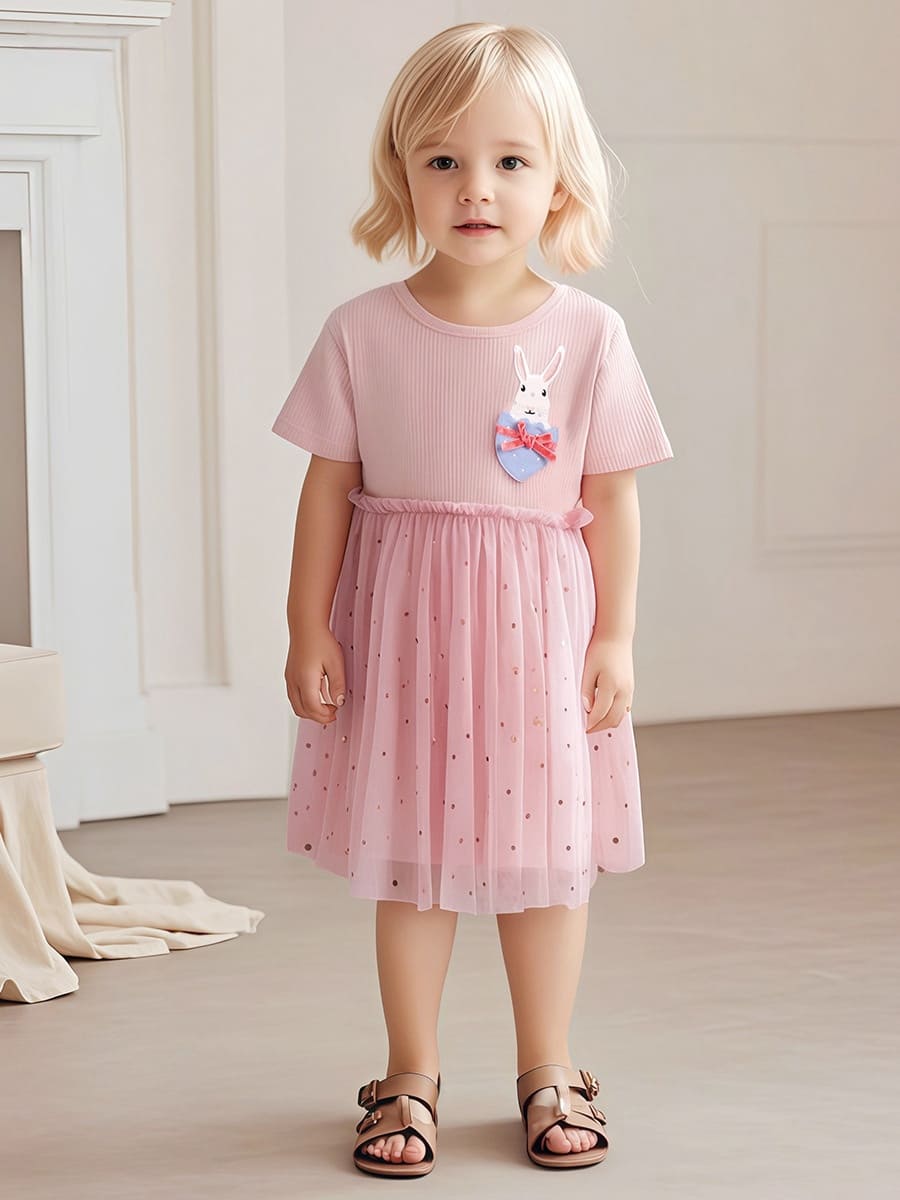Little Maven Kid Girls Cute Rabbit Style Cotton Sequined Mesh Dress