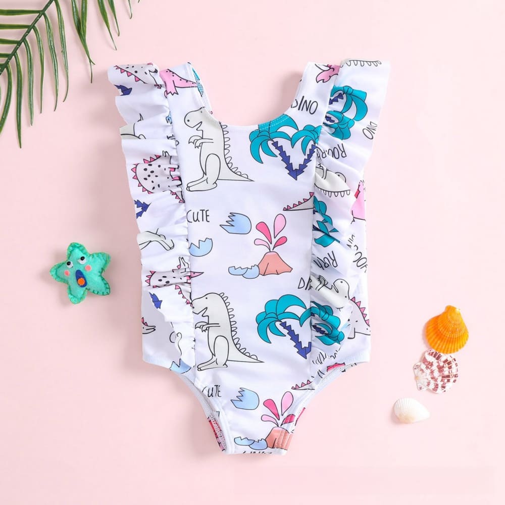 Kid Girls Dinosaur Print Ruffled One-Piece Beach Swimsuit