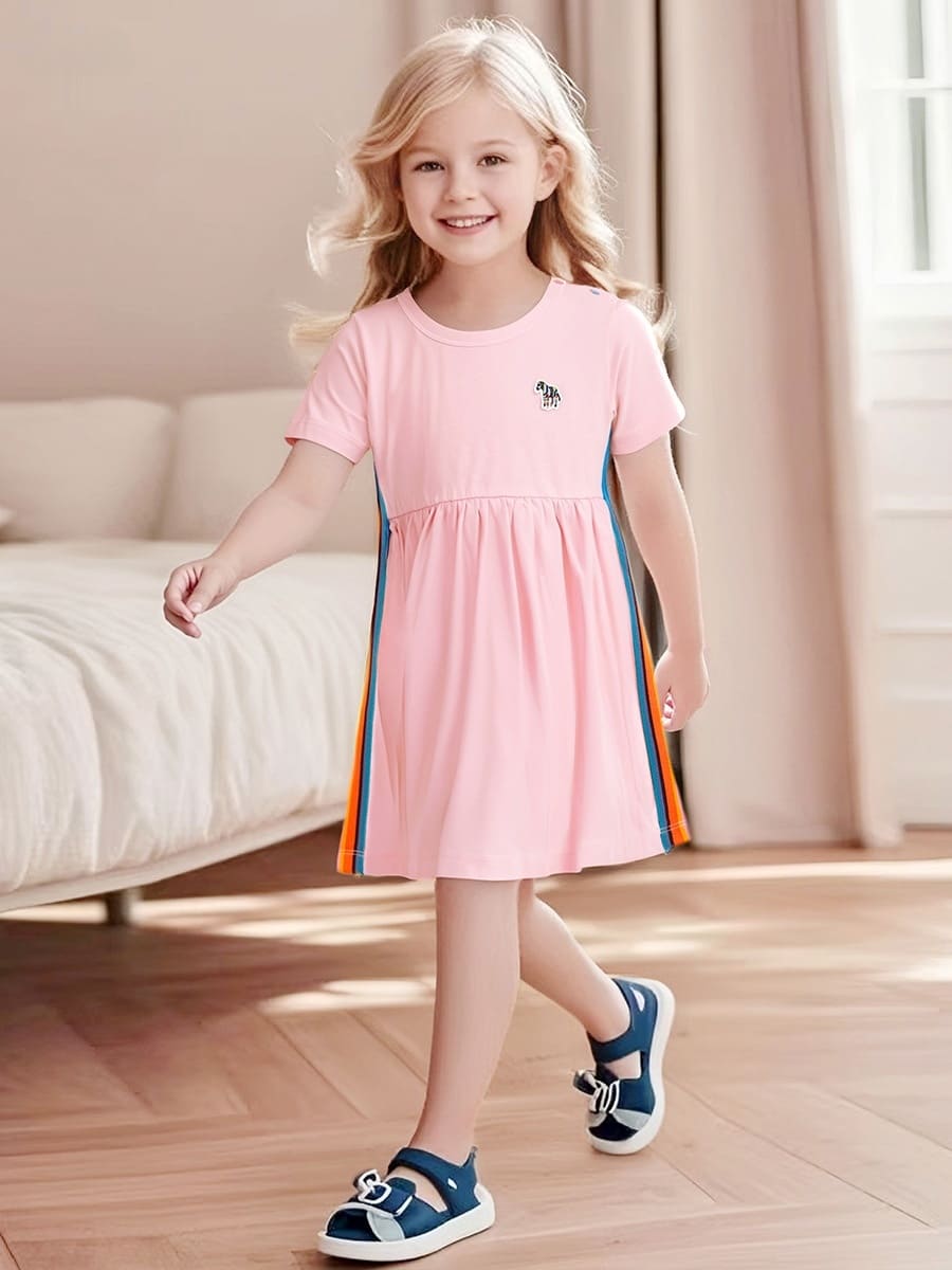 Kid Girls Horse Embroidery Color Block Cotton Dress