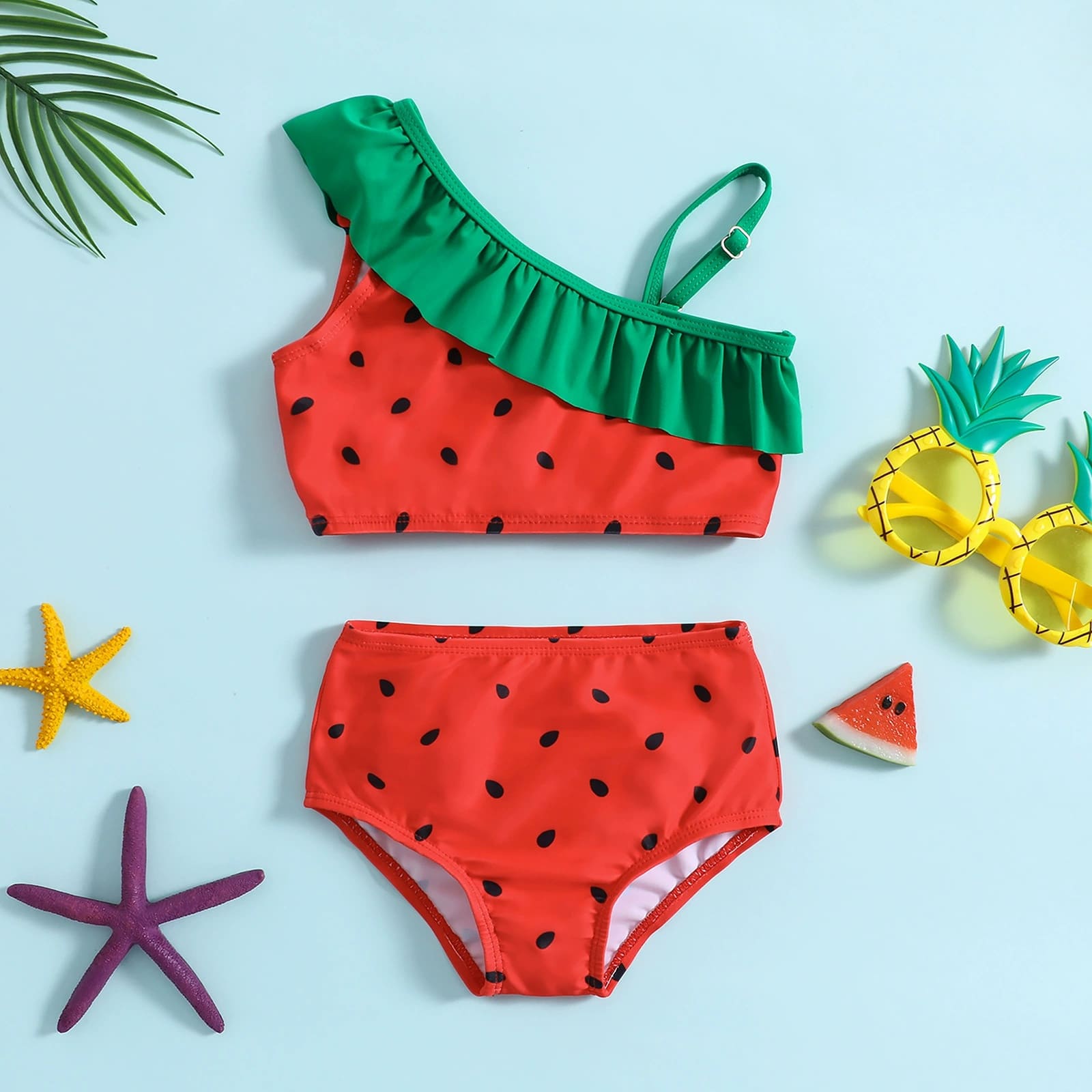 Kid Girls One Shoulder Halter Swimsuit Set with Fruit Print