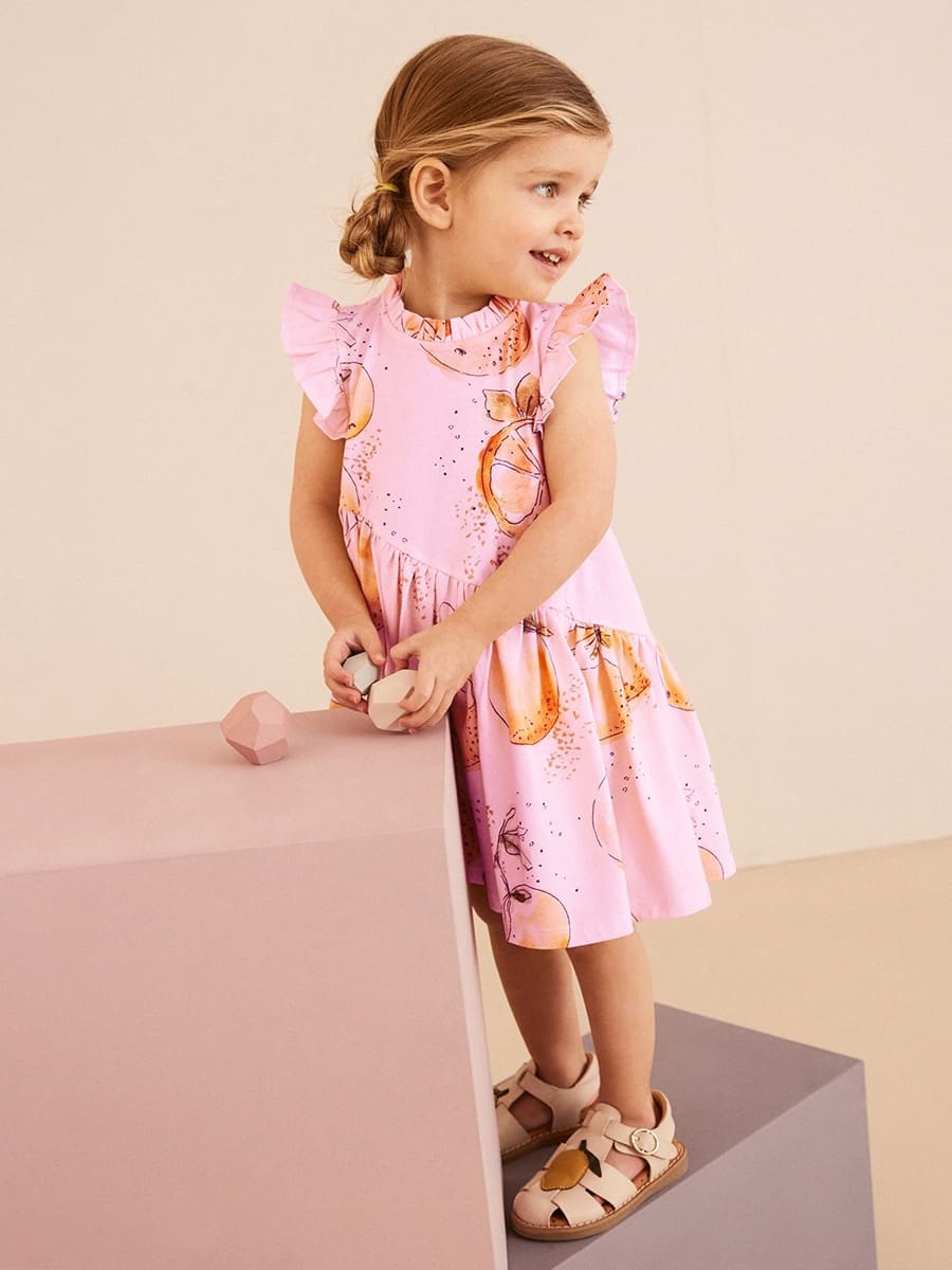 Kid Girls Orange Print Cotton Ruffle Sleeve Dress