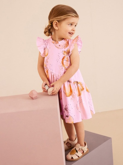 Kid Girls Orange Print Cotton Ruffle Sleeve Dress