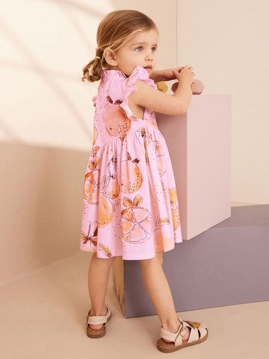 Kid Girls Orange Print Cotton Ruffle Sleeve Dress