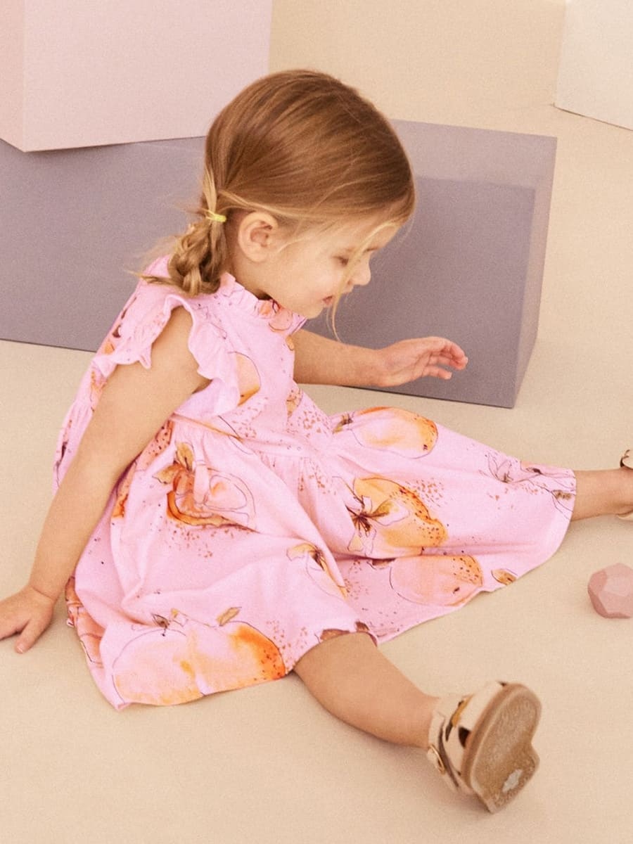 Kid Girls Orange Print Cotton Ruffle Sleeve Dress