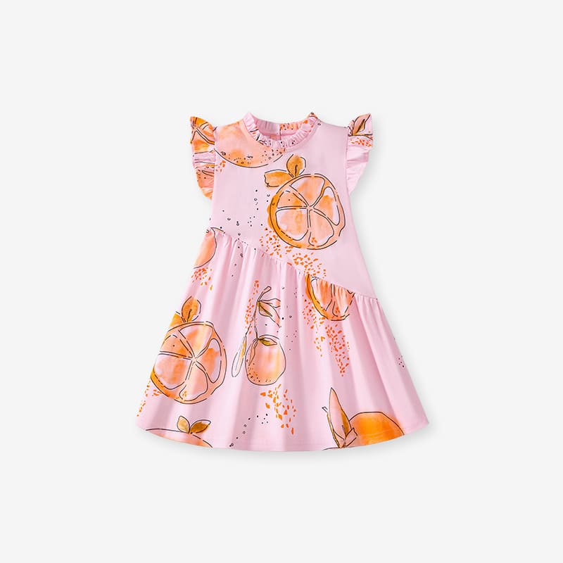 Kid Girls Orange Print Cotton Ruffle Sleeve Dress