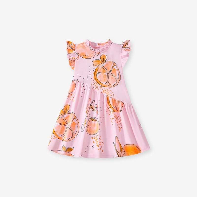 Kid Girls Orange Print Cotton Ruffle Sleeve Dress