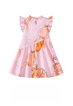 Kid Girls Orange Print Cotton Ruffle Sleeve Dress