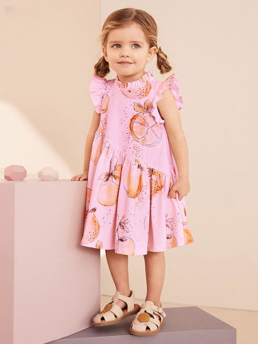 Kid Girls Orange Print Cotton Ruffle Sleeve Dress