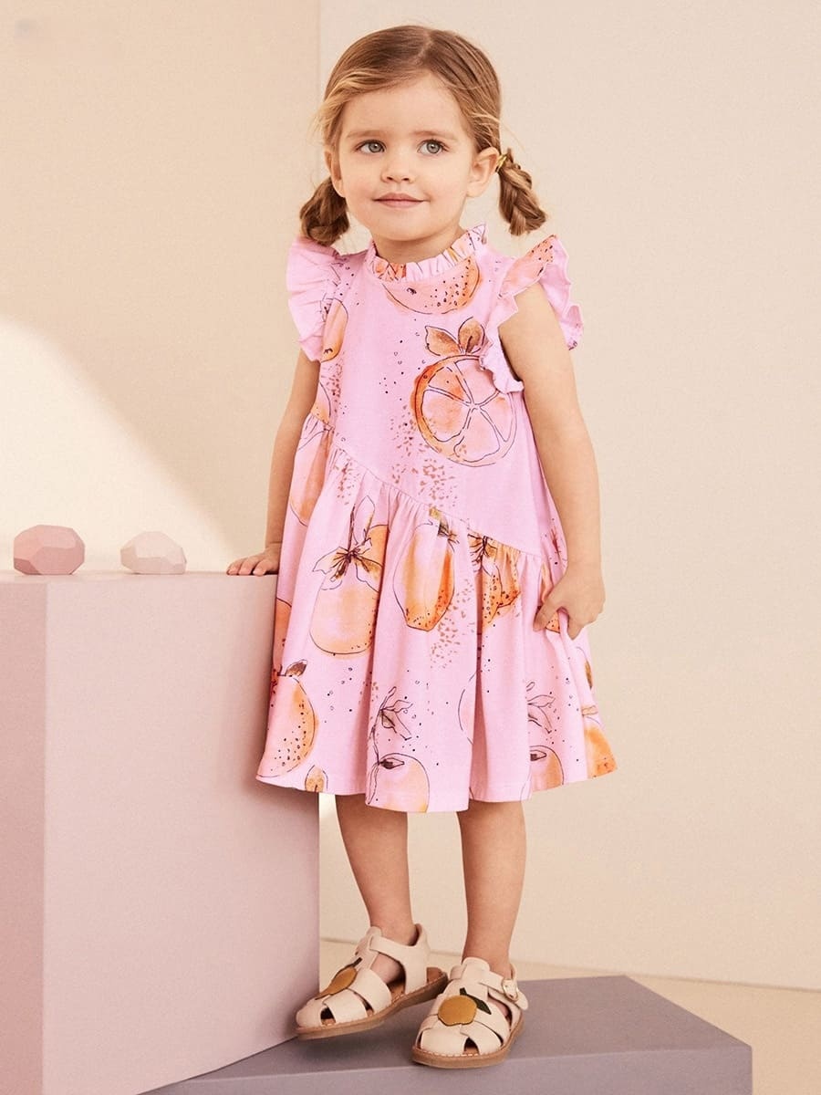 Kid Girls Orange Print Cotton Ruffle Sleeve Dress