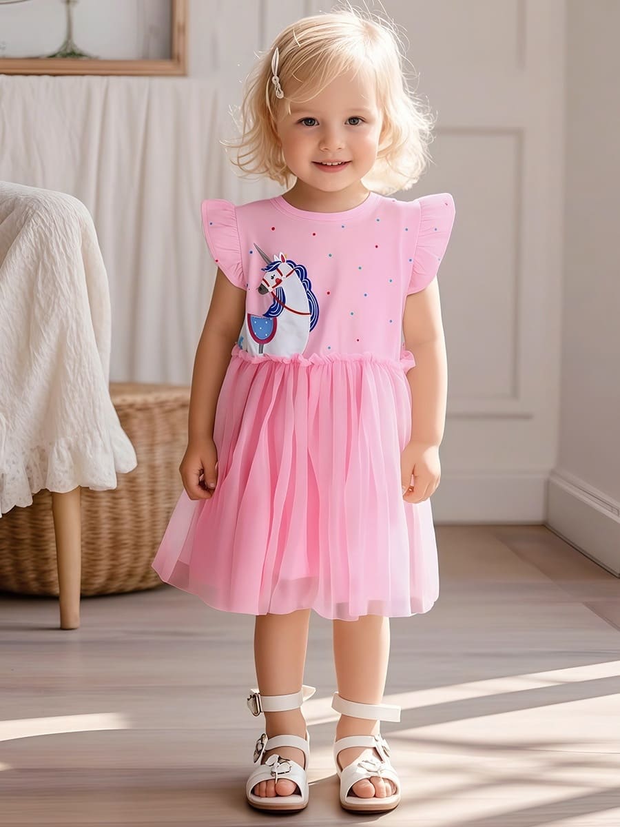 Little Maven Kid Girls Polka Dot Print Cotton Mesh Dress with Unicorn Embroidery