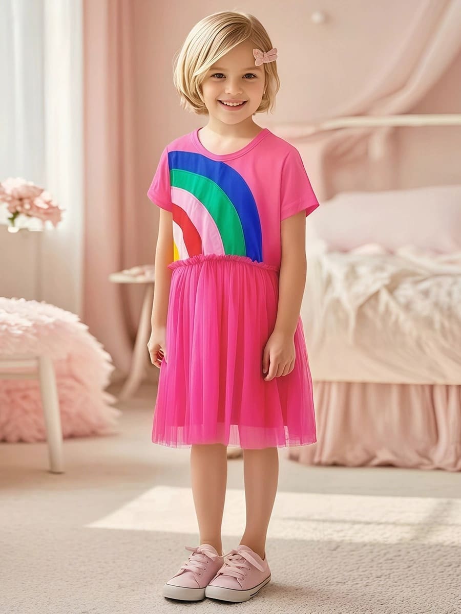 Kid Girls Rainbow Applique Embroidered Cotton Mesh Dress