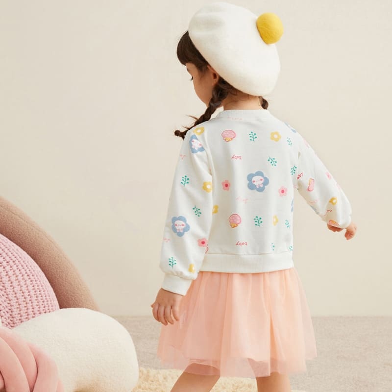 Kid Girls Cartoon Printed Cotton Plush Mesh Dress