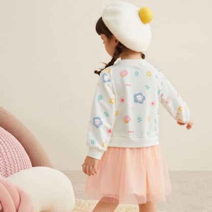 Kid Girls Cartoon Printed Cotton Plush Mesh Dress