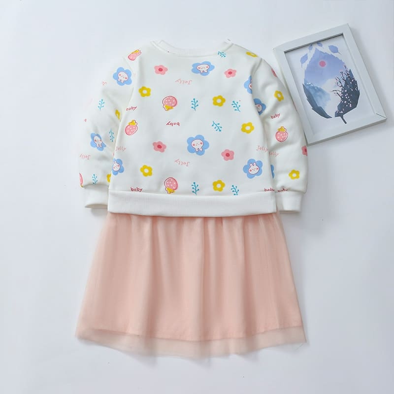 Kid Girls Cartoon Printed Cotton Plush Mesh Dress