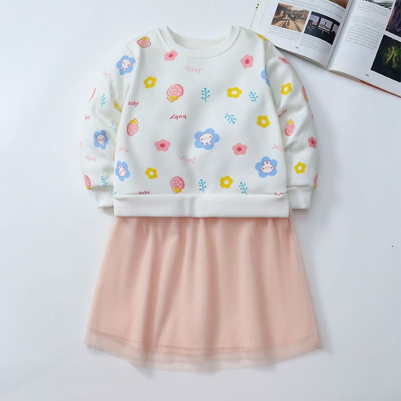 Kid Girls Cartoon Printed Cotton Plush Mesh Dress