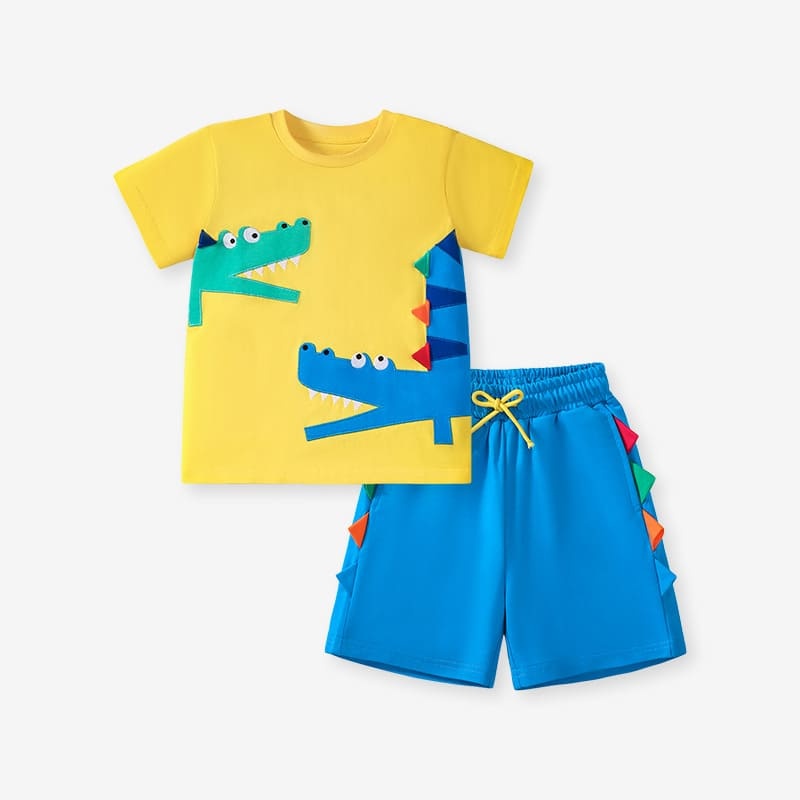 Kid Boy 2-Piece Cotton Short-Sleeve Shorts Set with Crocodile Appliqué