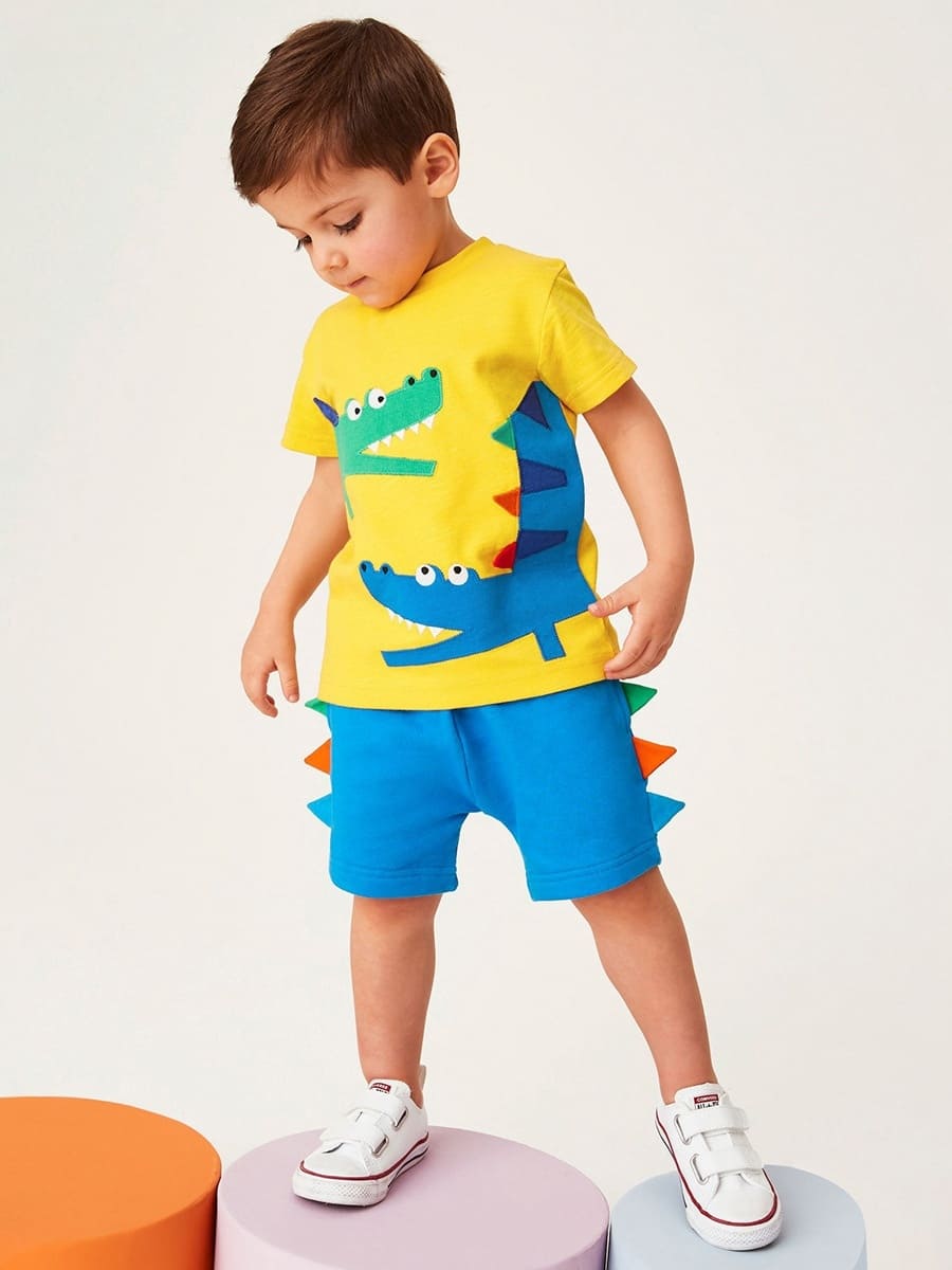 Kid Boy 2-Piece Cotton Short-Sleeve Shorts Set with Crocodile Appliqué