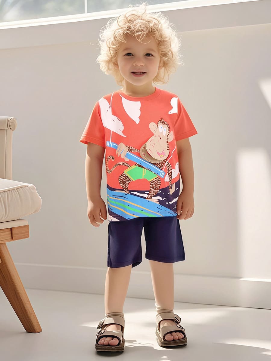 Kid Boys 2pcs Cute 3D Big Mouth Monkey Print Tee and Shorts Set