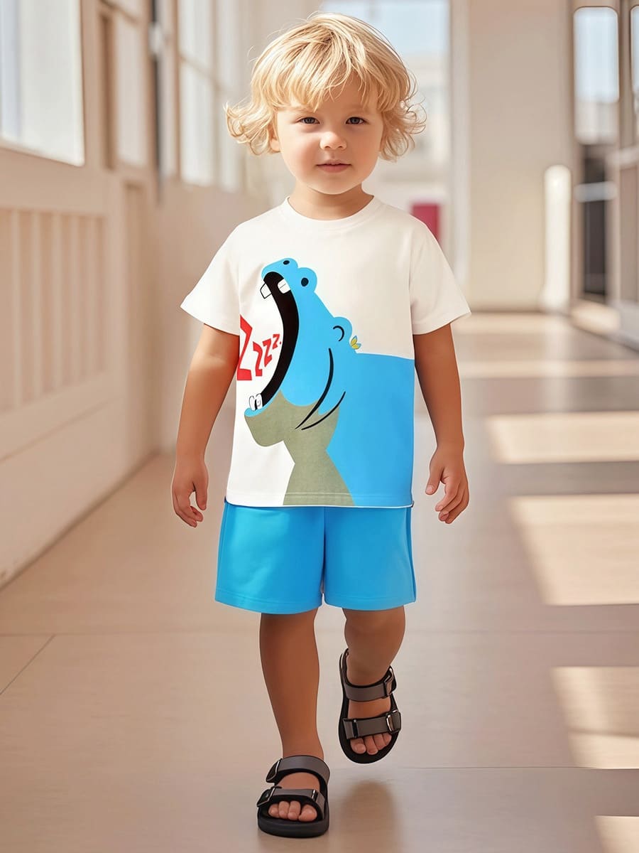 2-Piece Adorable Hippo Print Cotton Tee & Shorts Set for Boys