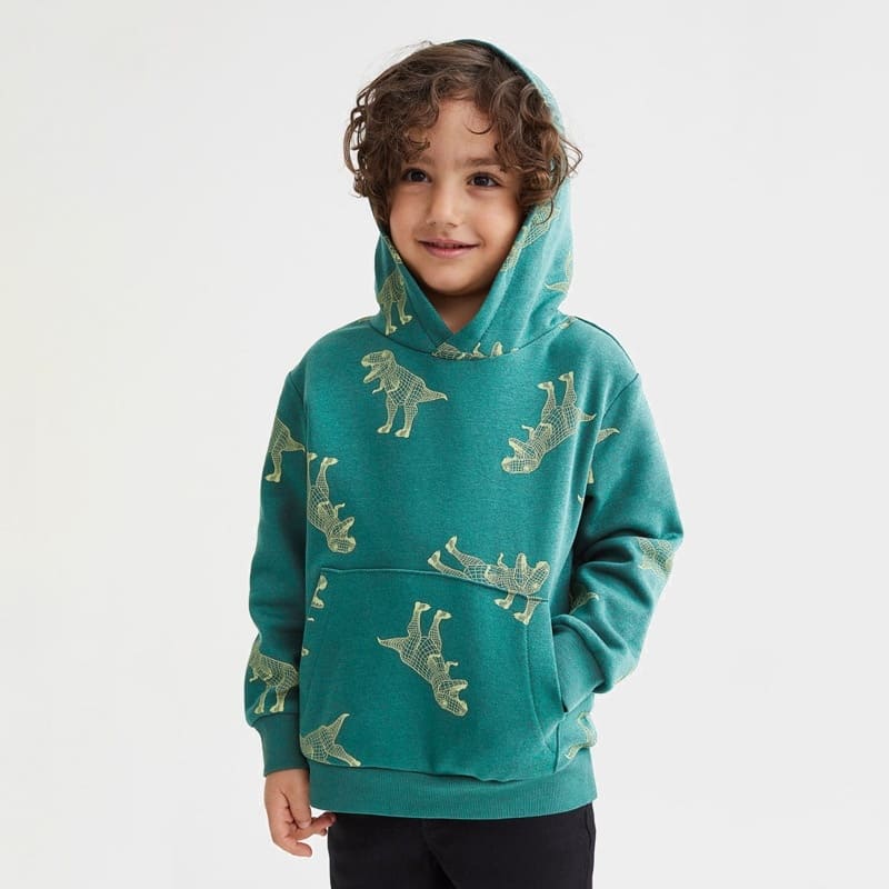 Kid Boys Dinosaur Printed Fleece Warm Hooded Sweatshirt