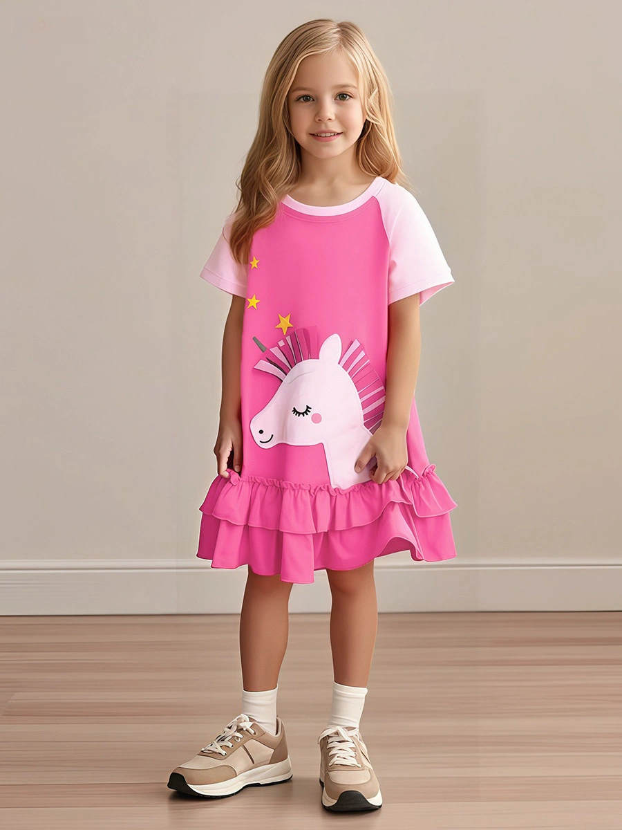 Little Maven Toddler girl in cartoon animal applique cotton dress