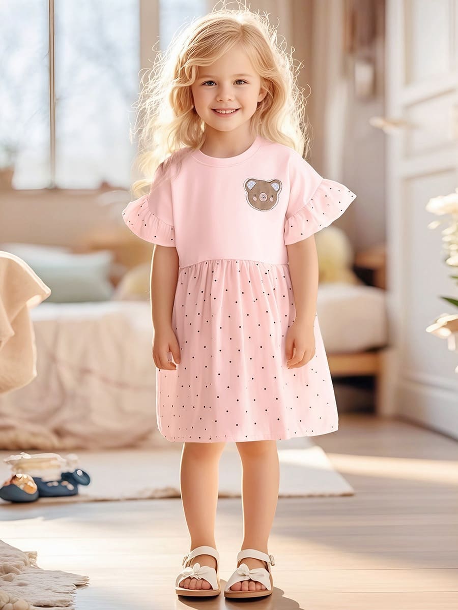 Little Maven Kid Girl Cute Bear Applique Embroidered Polka Dot Ruffle Sleeve Dress