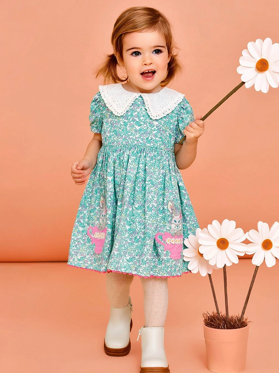 Little Maven Toddler girl in rabbit embroidered floral princess dress