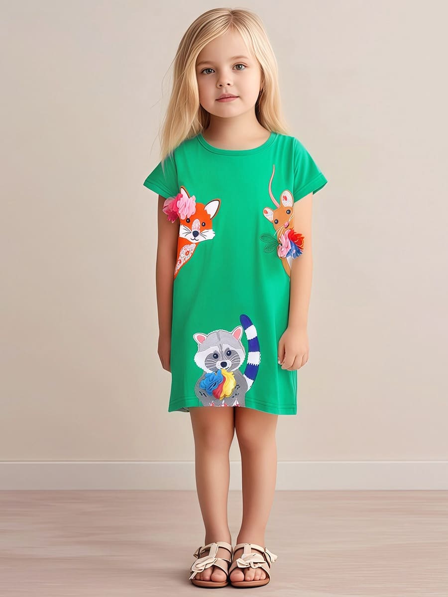 Little Maven Green cartoon animal embroidery dress with 3D flowers for kids