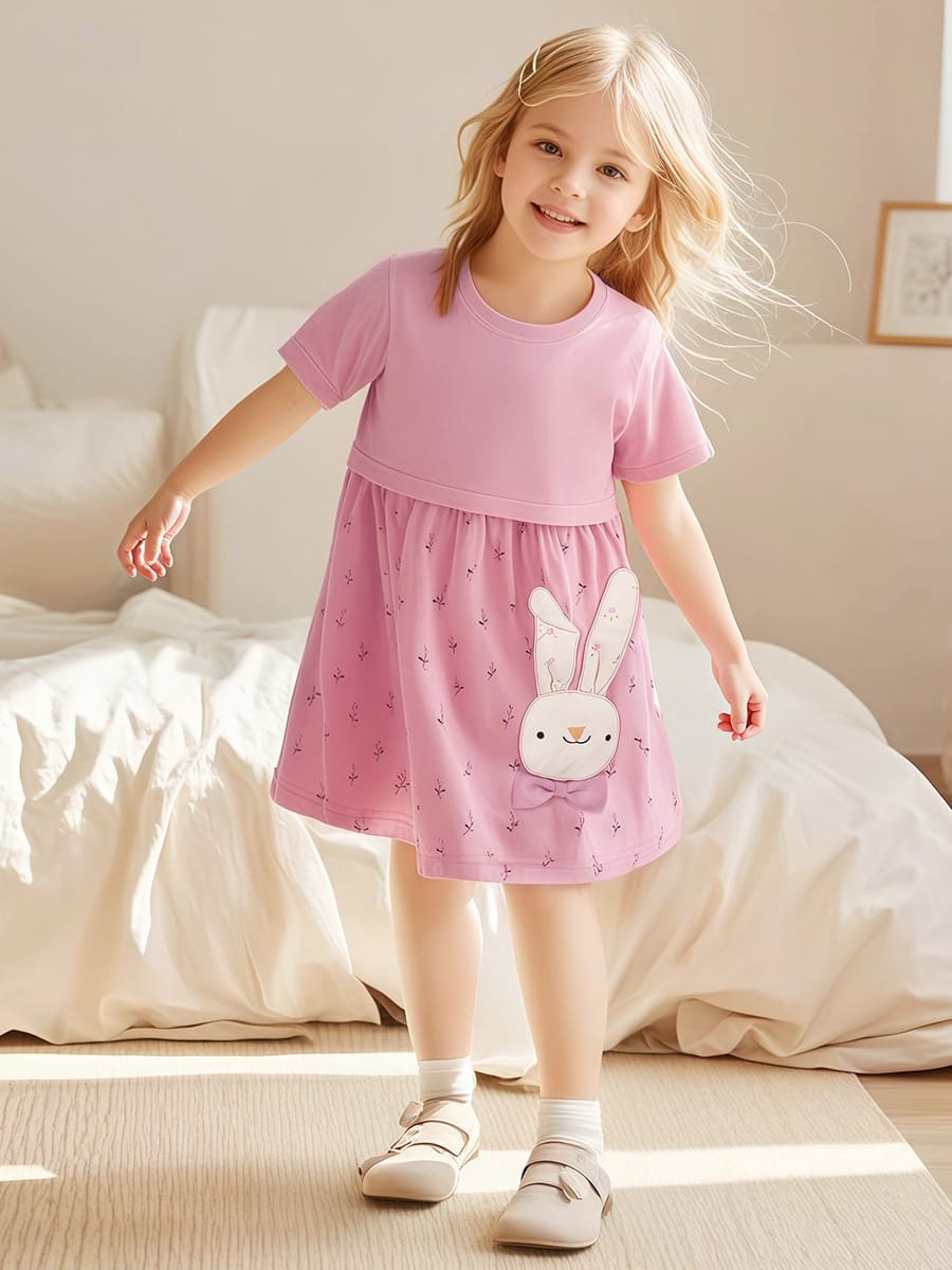 Little Maven Pink cotton dress for kids with floral long-eared rabbit pattern