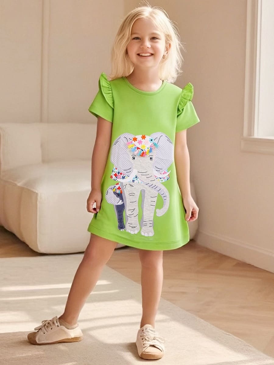 Little Maven Sage green cotton dress with elephant embroidery for kid Girls
