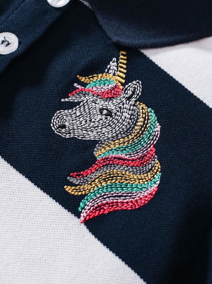 Kid Girl Unicorn Embroidered Striped Dress