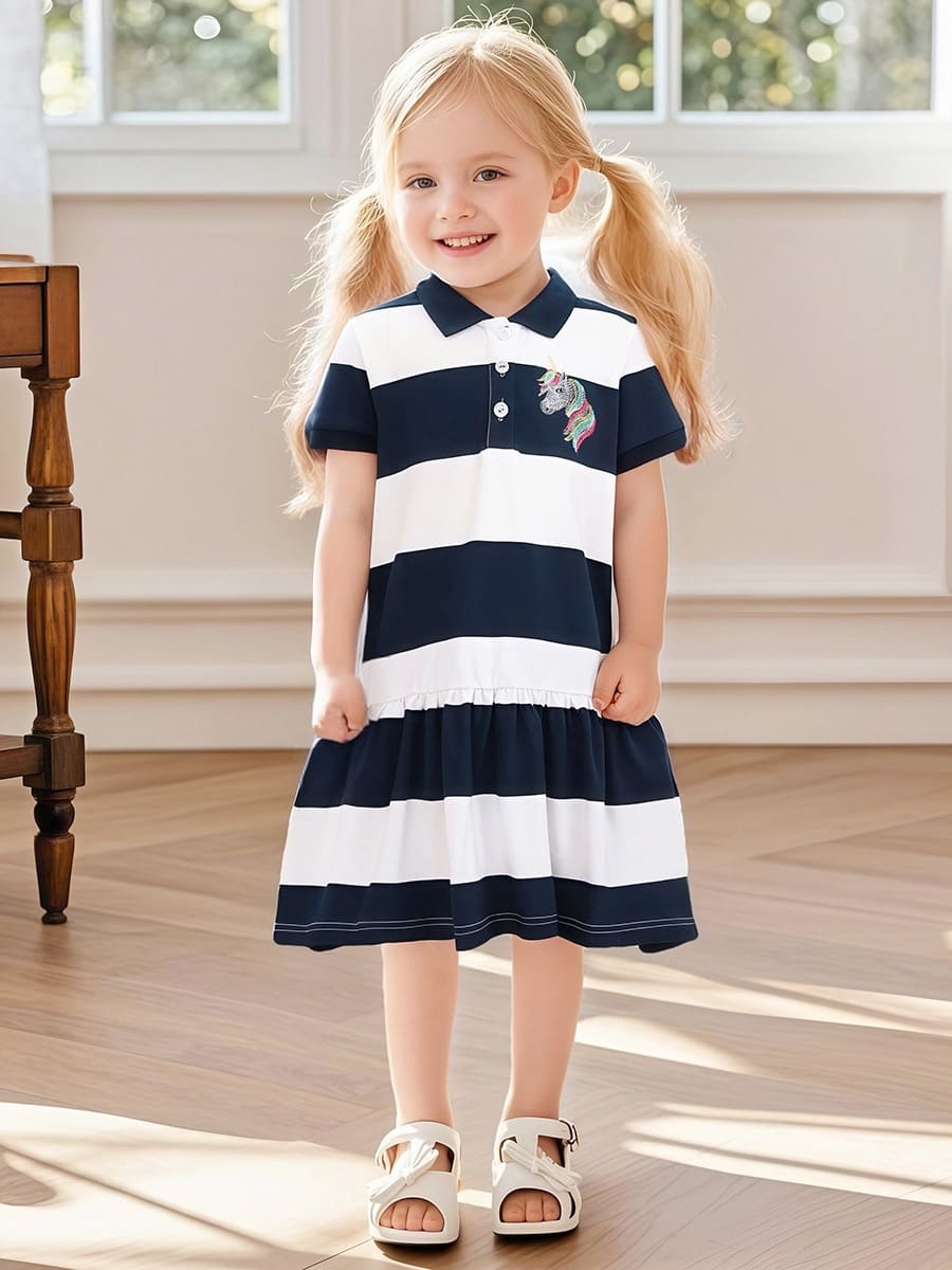 Little Maven Kid Girl Unicorn Embroidered Striped Dress